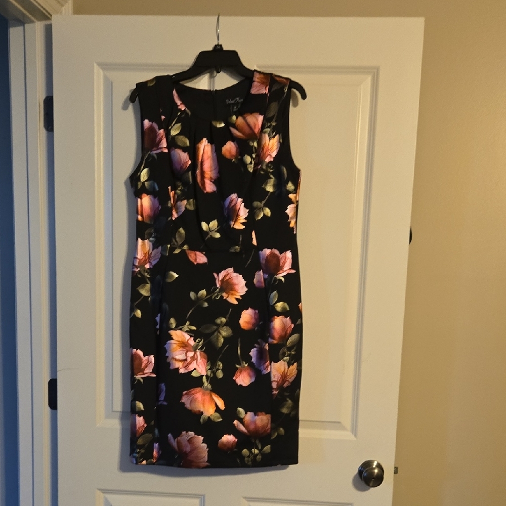 S.L. Fashions Black and Pink Sheath Midi Dress